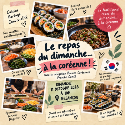 Inscription au repas du dimanche à la coréenne – 11 octobre 2026 à Besançon